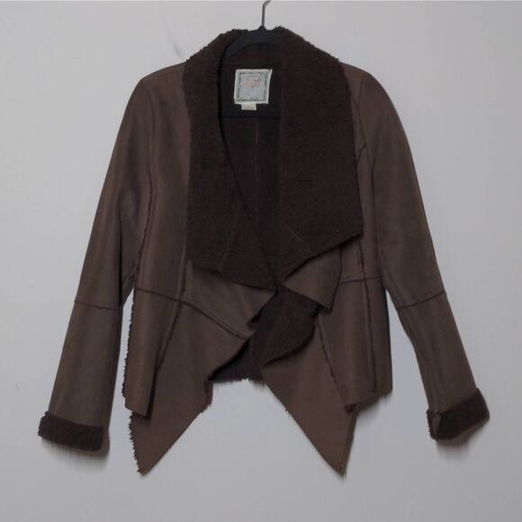 Flying Tomato Open Front Jacket Brown Long Sleeve Faux Fur Collar Penny Lane M - Picture 9 of 9